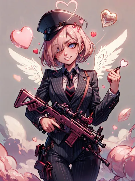 (masterpiece:1.2, best quality:1.2, beautiful, high quality, highres:1.1), detailed, extremely detailed 4K, perfect eyes, perfect face, perfect lighting, <lora:tool_addDetail:0.25>,(1girl, solo, adule female, mature female),
<lora:style_cupidTech_(cupidtech--scifi):0.95>, cupidtech, 
cupidtech gangster,  fedora, necktie,  pants, grin, looking at viewer, cupidtech pinstripe suit, angry, hair over one eye,
holding submachine gun,
<lora:concept_betterGunsLocon_v10:1>