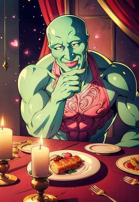 <lora:add_detail:0.6> <lora:GoodHands-vanilla:1> <lora:CupidTech:0.6> (masterpiece, best quality, realistic, detailed, sharp:1.2), intricate details, (pov, cupidtech romantic dinner with Handsome-squidward), smiling, pink lips, green skin, <lora:handsome-squidward:0.8> tasty food, wine bottle, (candle, floating hearts:0.9), dim light, sparkles, love atmosphere,