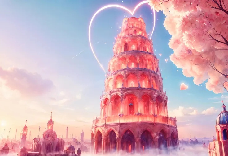 <lora:add_detail:0.8> <lora:CupidTech:0.6> (masterpiece, best quality, realistic, detailed, sharp:1.2), (cupidtech far away giant love tower), symmetrical, (towering medieval city), sparkles, streets, kingdom, pink clouds, sunbeam, solar halo, backlighting, gleem, very low angle, love atmosphere, trees, birds