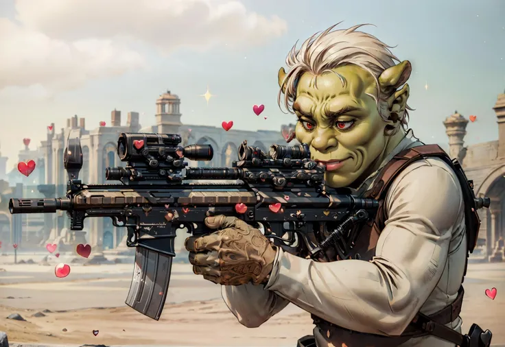 <lora:add_detail:0.6> <lora:CupidTech-22:0.6> (masterpiece, best quality, realistic, detailed, sharp:1.2), intricate details, (cupidtech shrex), <lora:ShrekDoguVersion2:0.8> holding weapon, assault rifle, aiming, <lora:HK416-v2:0.7> sparkles, hearts, love atmosphere,