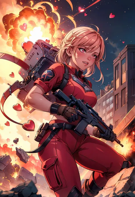 <lora:add_detail:0.6> <lora:GoodHands-vanilla:1> <lora:CupidTech:0.7> (masterpiece, best quality, realistic, detailed, sharp:1.2), intricate details, cupidtech, soldier girl holding gun, serious expression, grin, building explosion, debris, fire, sparkles, hearts, love atmosphere,