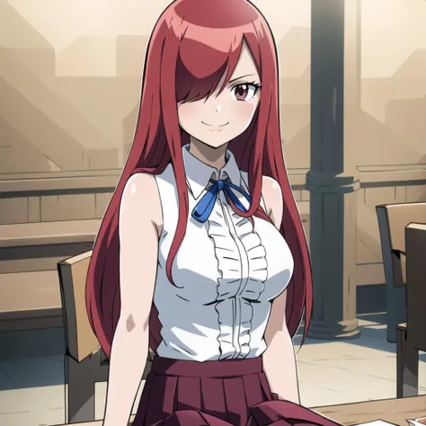 <lyco:fairytail_erzascarlet-10:1.0> erza, erza scarlet, hair over one eye, casual, sleeveless shirt, ribbon, cafe, smile, sitting, white shirt, pleated skirt, 1girl, solo, looking at viewer, masterpiece, best quality, neck ribbon, blue ribbon