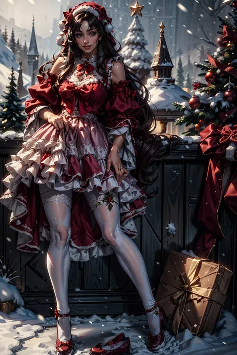 best quality, masterpiece, photorealistic, 1girl, solo, long straight hair, looking at viewer, smile, cyb dress, lace-trimmed dress, layered dress, wide sleeves, bow, red footwear, white pantyhose, outdoors, snow, christmas, christmas tree, christmas ornaments, <lora:christmas_dress_style1_v1:0.7>
BREAK
outdoors, snowing, raytracing <lora:add_detail:1>