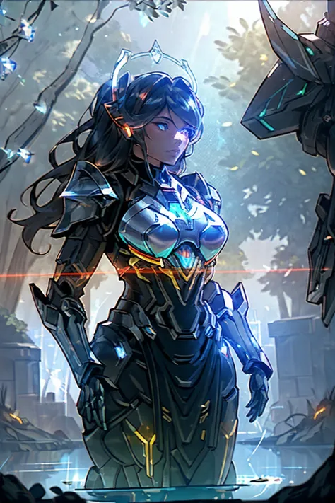 close up, 1girl, beautiful robot woman, standing, wearing Battleborn of Mail and plate armour with Chain mails and Tatami and Indian (Mughal) (copper) riveted mail and sliver plate coat zirah bagtar and coded fishnet and energy flows nets and ferro networks and neon flare lace and oscillation see-through black dress, (Ultron amour, black hard futuristic armor, lava cyborg armor with golden zodiac arcs), crystal neon flare glow archetypal science-fiction cyborg, [Afrofuturism], (Victor Stone Cyborg), (Ultron), transcendence glow halo, glow radiance, daylight, neon cyberpunk city, water lake, crystal clear water stream, radiance glow halo, red neon light holography [cyberpunk street], Ultron armor, yellow neon flare, daylight, tree canopy, sunlit, water lake, crystal clear water stream, fusion core, (chain fishnets), (Ultron Warframe Suit), (halo of aurora), (sunlit, weak lights and shadows, tree canopy), (blue sky, rim light, daylight) <lora:Mecharobot:0.8>