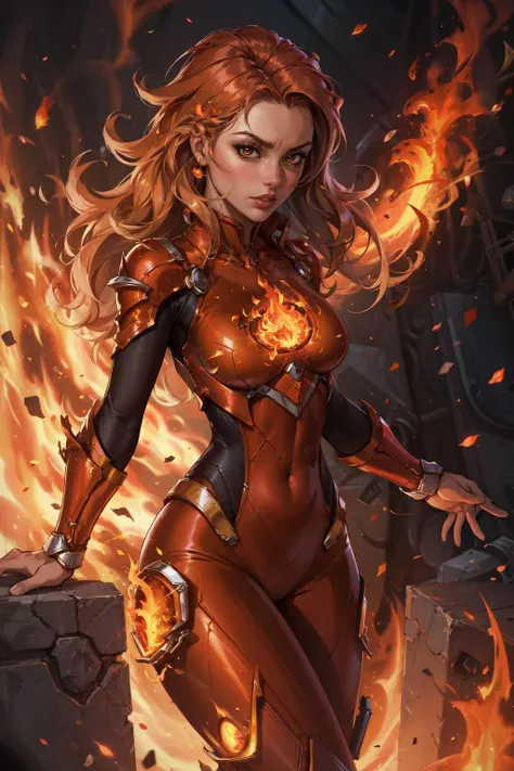 masterpiece,best quality,1girl,flames,fireball,bodysuit,looking at viewer,