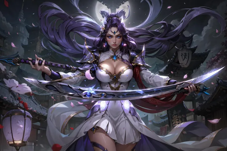 masterpiece,best quality,1girl,long hair,weapon,breasts,lantern,solo,sword,cleavage,dress,moon,holding,white dress,night,jewelry,glowing,architecture,earrings,holding weapon,cowboy shot,blue eyes,shoulder armor,purple hair,east asian architecture,holding sword,armor,looking at viewer,hair ornament,large breasts,petals,long sleeves,