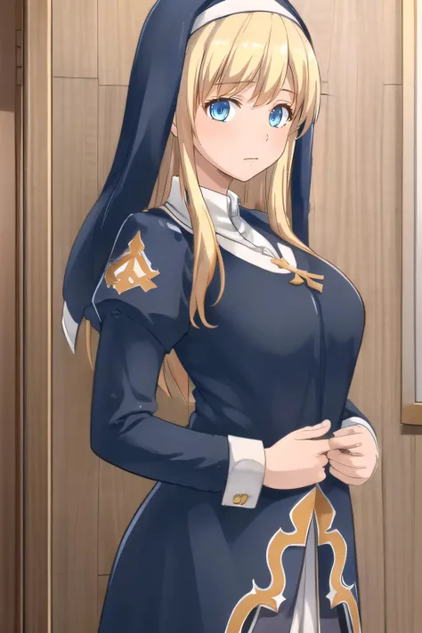 (masterpiece:1.2), best quality, high resolution, unity 8k wallpaper, (illustration), extremely detailed face, perfect lighting, extremely detailed CG, <lora:Saint_Emiliana:0.7>, emiliana, blonde hair, blue eyes, nun, habit, standing, looking at viewer, cowboy shot, frontal view:1.2