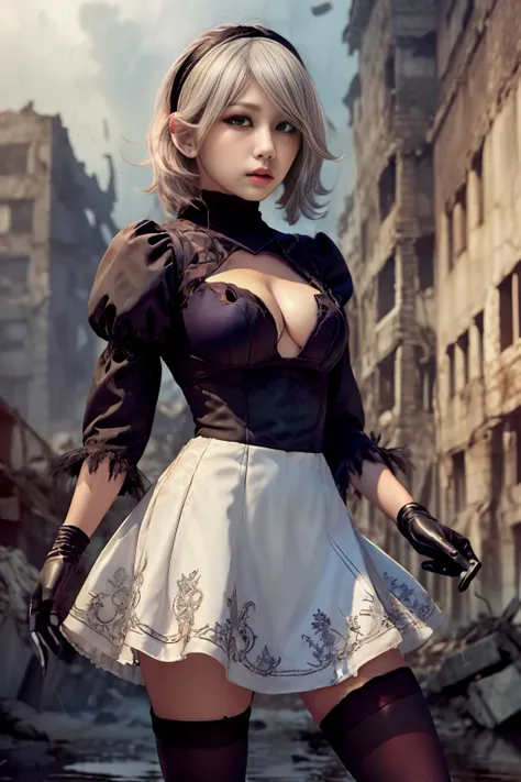 (realistic wide-angle photo, photorealistic:1.2), (HDR image:1.15), ((masterpiece,best quality, detailed)),
<lyco:2B:0.7>, <lora:Project L:0.9>, 2B Nier Automata, YoRHa No.2 Type B, Type E, solo, white hair, bangs, grey eyes, parted lips, mole under mouth,
medium breasts, in black gothic dress, cleavage, long sleeves, juliet sleeves, puffy sleeves, turtleneck, feather trim, feather-trimmed sleeves,
black thighhighs, black high-heeled boots, black hairband, gloves, holding katana,
looking at viewer, smile,
building, city, ruins, debris, rubble, grass, overgrown, puddles, post-apocalypse, scenery,
rain, raining,
action scene lighting, from below