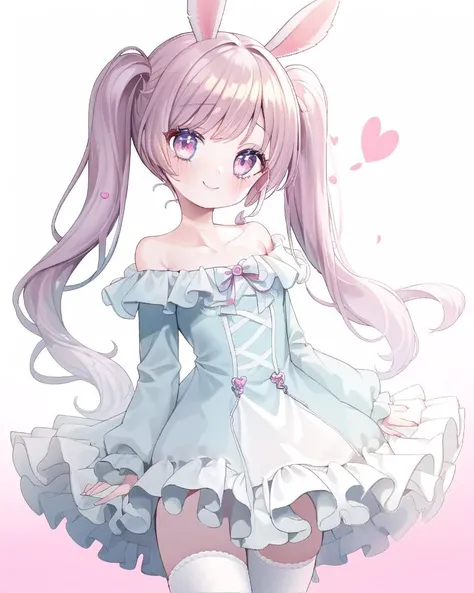 (1girl, solo:1.2), looking at viewer, cowboy shot, (eyeliner, eyelashes), (pale skin:0.79), (body blush:1.06), heart, narrow waist, <lora:teraElinRaceLora_elinDressANDLegs:0.9>, elin, thighhighs, dress, smile, off shoulder, rabbit ears, forehead, eyes_visible_through_hair, low ponytail, skindentation, <lora:loFashion_v20:0.6>, lo classical
,
, <lora:test-agomaru:0.55>,<lora:test-faceage:0.38>, <hypernet:ms2:0.2>, <lora:chon_v10:0.3>,<lora:rohaArtStyleLora_v105940:0.33>,<lora:ohisashiburiStyle_ohisashiburiStyleV10:0.69>,<lora:shoujo_c10:0.70>