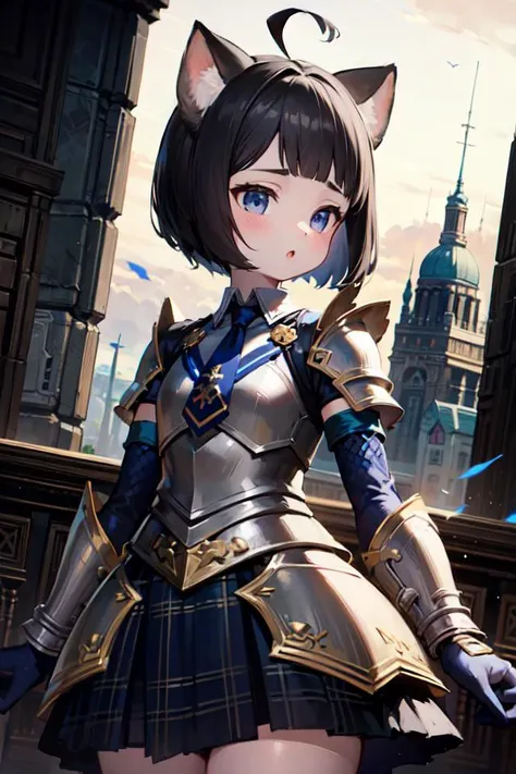 masterpiece, best quality,  1girl <lora:Elin_2D_and_3D_last:1>, cat ears, armored dress, elbow gloves, plaid short necktie, expressionless, :o, navy blue plaid,black and gold armor, black hair, two-tone hair, bob cut,  <lora:lowkey_v1.1:0.6>