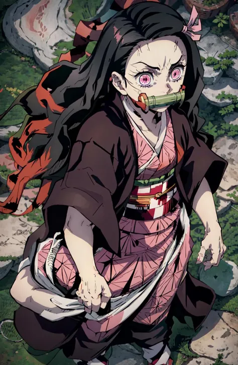masterpiece, best quality, intricate detail, 1girl, <lora:Nezuko Kamado:0.9> angrynezuko, bit gag, veins, multicolored hair, pink kimono, slit pupils, haori, sandals, checkered sash, hair ribbon, pink eyes, sharp teeth, (from above:1.4)
