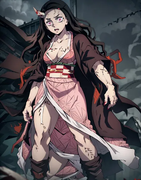 masterpiece, best quality, intricate detail, portrait, 1girl,  <lora:Nezuko Kamado:0.9> enragednezuko, single horn, veins, pink kimono, cracked skin, large breasts, cleavage, multicolored hair, slit pupils, haori, sandals, checkered sash, hair ribbon, pink eyes, sharp teeth, standing, looking at viewer, hand up, fighting stance,  , clenched hand,  <lora:GoodHands-vanilla:1>