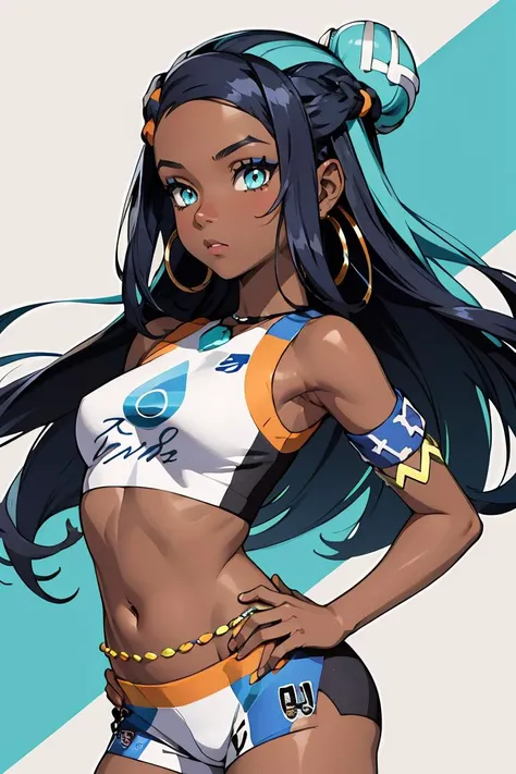 (masterpiece, best quality), 1girl, <lora:nessa_pokemon:0.8> nessa_pokemon, dark-skinned female, dark skin, blue eyes, aqua eyes, long hair, black hair, blue hair, aqua hair, multicolored hair, two-tone hair, hair bun, single hair bun, eyeshadow, shorts, crop top, tankini, belly chain, single glove, midriff, sandals