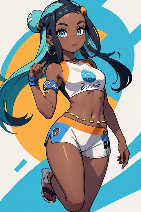 masterpiece, best quality, solo, curvy, beautiful eyes, narrow waist, wide hips, 1girl, solo, smile, looking at viewer, foreshortening, close up,    zzNessa, dark skin, makeup, single hair bun, crop top, single glove, spandex shorts, hoop earrings, belly chain, armlet, wristband, shiny skin,   , <lora:NessaPokemonZAP_IXL:1.0>, , smile, looking at viewer, We4reSoB4ck, text, gradient background, ,<lora:We4reSoB4ck_IXL_v1:1.0>,