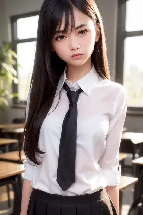 (extremely detailed CG unity 8k wallpaper), (masterpiece), (best quality), (ultra-detailed), (best illustration), (best shadow), (photorealistic:1.4),real human skin, lens flare, shade, backlighting, depth of field, natural lighting, hard focus, film grain, <lora:zyd232_ChineseGirl_v1.6:1.4>, ntsw, 1 girl, 18 yo, solo, skinny, school uniform, white shirt, black tie, black skirt, pale skin, soft lips, (light eyebrow:1.4), brown eyes, black long straight hair, (small breasts)
