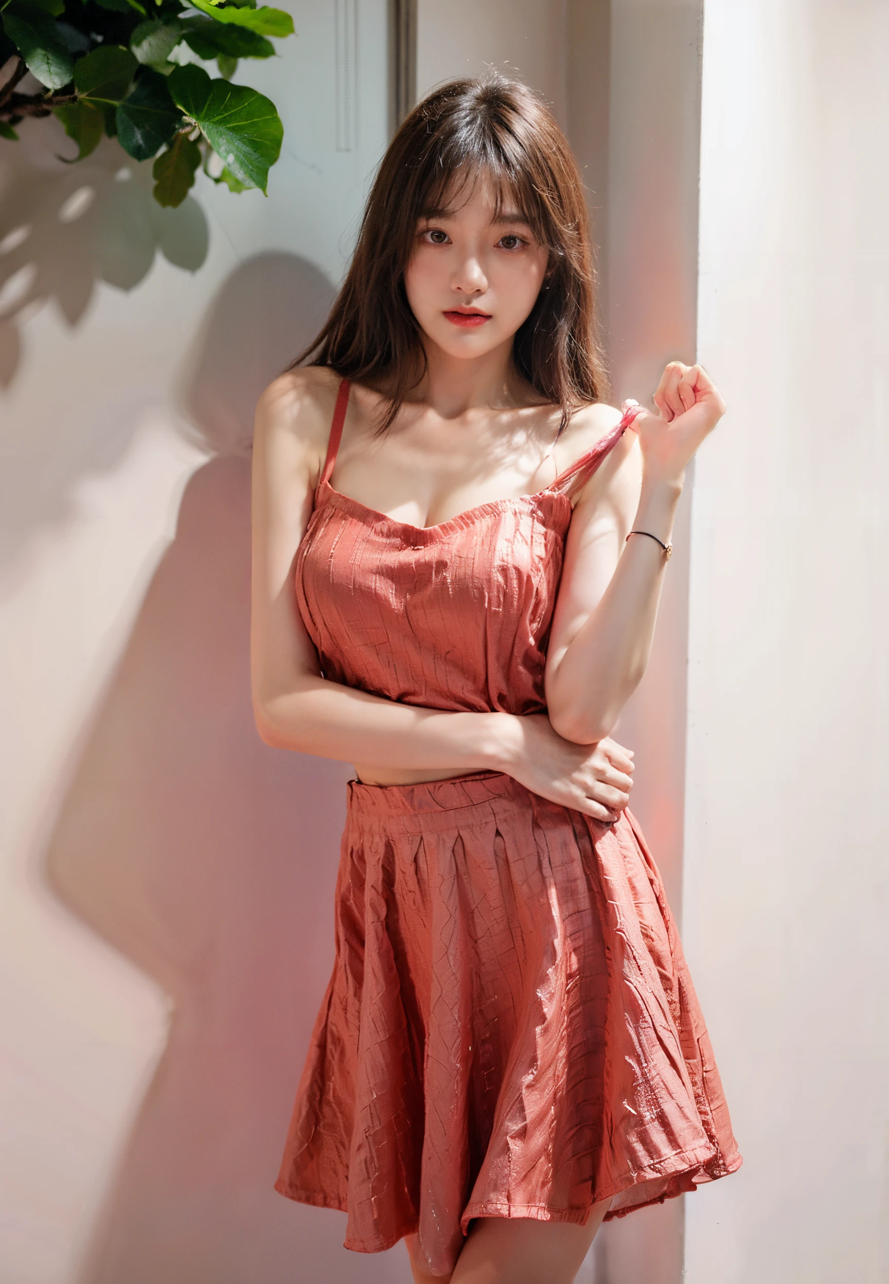 ((asian girl)),((red string skirt, bare shoulders, cleavage)), outdoor, street, bright theme, (masterpiece),((ultra-detailed)), (highly detailed CG illustration),(expressionless), (best quality:1.2),(1girl:1.2),High quality texture, intricate details, detailed texture, High quality shadow, , thin lips, brown eye pupil, depth of field, perspective,20s, (big eyes:1.2),blush,perfect body, lean body, (narrow waist:1.3), large breast, distinct_image, (lustrous skin), solo focus, (brown hair), (streaked hair), ((short hair)), <lora:add_detail:0.5>, <lora:GoodHands-vanilla:1>, <lora:detailed_notrigger:0.7>, <lora:picxer_real:0.7>, <lora:zyd232_ChineseGirl_v4_2:0.6>, <lora:010:0.4>
