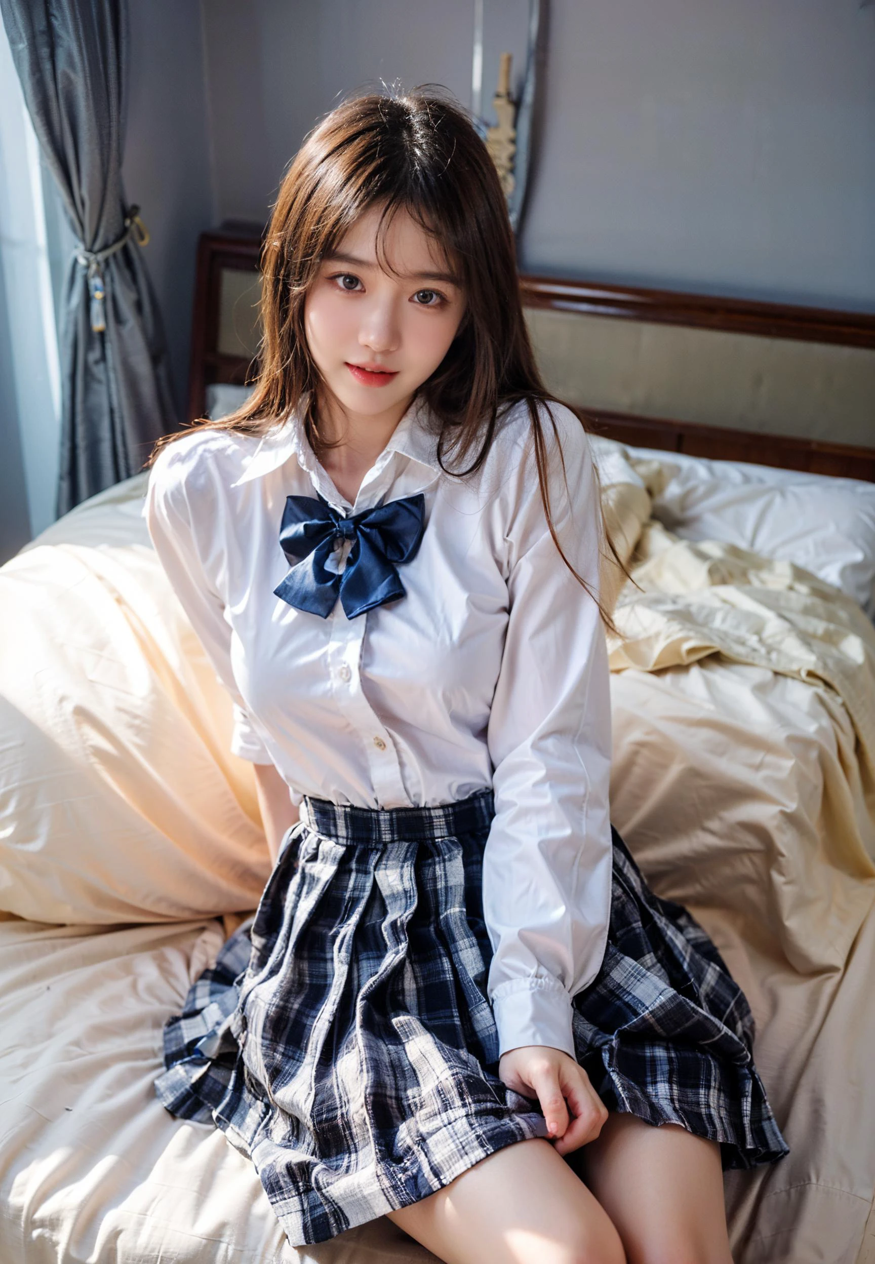 ((asian girl)),((smile, upper teeth, white shirt, blue bow tie, dark blue pleated skirt with checker pattern, sitting on bed)), bright theme,(masterpiece),((ultra-detailed)), (highly detailed CG illustration),(expressionless), (best quality:1.2),(1girl:1.2),High quality texture, intricate details, detailed texture, High quality shadow, thin lips, brown eye pupil, depth of field, perspective,20s, (big eyes:1.2),blush,perfect body, lean body, (narrow waist:1.3), large breast, distinct_image, (lustrous skin), solo focus, (brown hair), (streaked hair), ((long hair)), <lora:add_detail:0.5>, <lora:GoodHands-vanilla:1>, <lora:detailed_notrigger:0.7>, <lora:picxer_real:0.7>, <lora:zyd232_ChineseGirl_v4_2:0.6>, <lora:010:0.4>