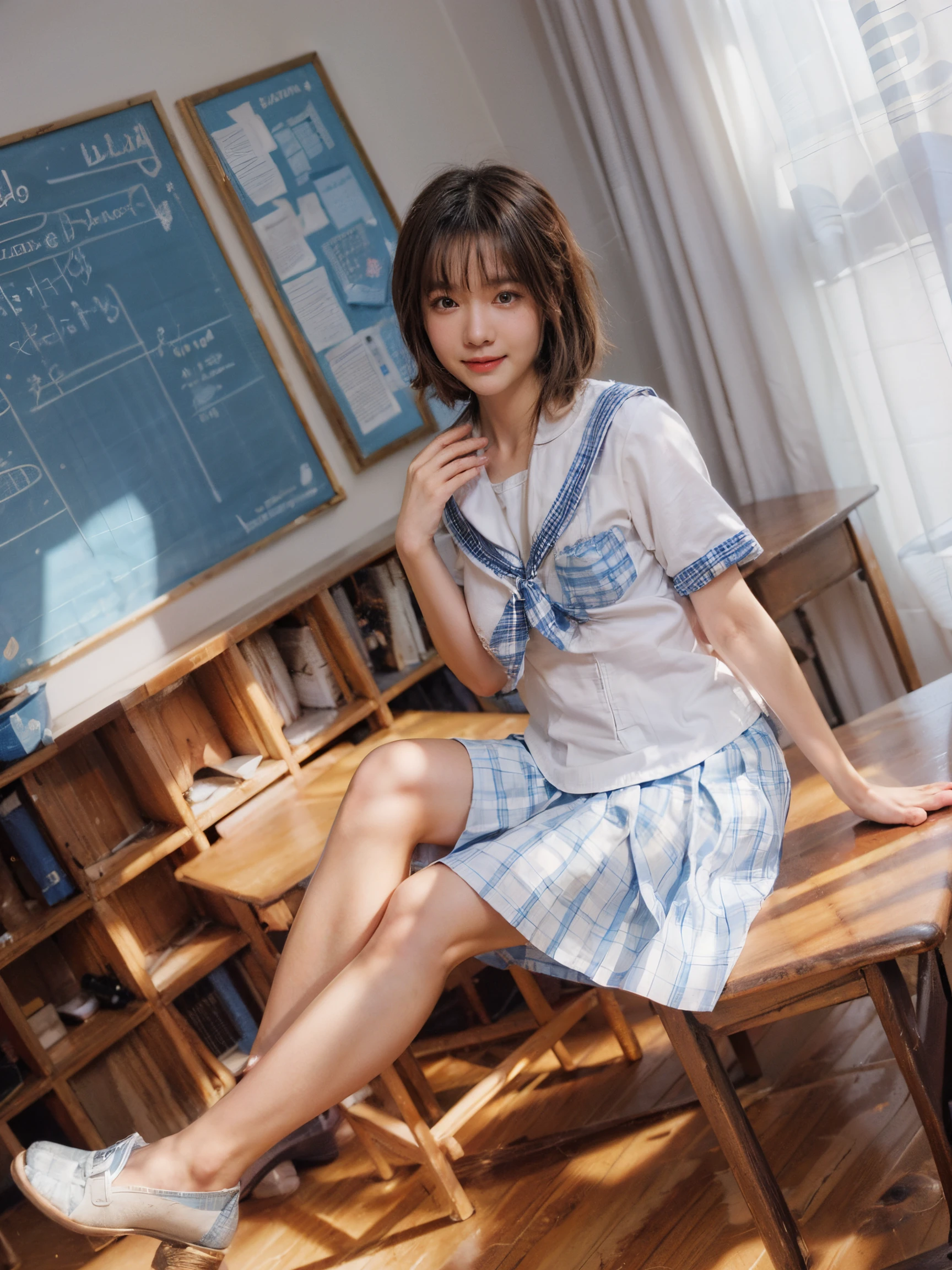 ((asian girl)),((smile, white shirt, blue pleated skirt with checker pattern, blue bow, sitting on desk)), bright theme, (masterpiece),((ultra-detailed)), (highly detailed CG illustration),(expressionless), (best quality:1.2),(1girl:1.2),High quality texture, intricate details, detailed texture, High quality shadow, , thin lips, brown eye pupil, depth of field, perspective,20s, (big eyes:1.2),blush,perfect body, lean body, (narrow waist:1.3), large breast, distinct_image, (lustrous skin), solo focus, (brown hair), (streaked hair), ((short hair)), <lora:add_detail:0.5>, <lora:GoodHands-vanilla:1>, <lora:detailed_notrigger:0.7>, <lora:picxer_real:0.7>, <lora:zyd232_ChineseGirl_v4_2:0.6>, <lora:010:0.4>