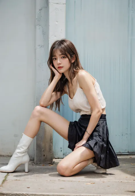 ((asian girl)),((white vest, black pleated skirt, bare shoulders, white boots, squatting)), outdoor, street, bright theme,  (masterpiece),((ultra-detailed)), (highly detailed CG illustration),(expressionless), (best quality:1.2),(1girl:1.2),High quality texture, intricate details, detailed texture, High quality shadow, , thin lips, brown eye pupil, depth of field, perspective,20s, (big eyes:1.2),blush,perfect body, lean body, (narrow waist:1.3), large breast, distinct_image, (lustrous skin), solo focus, (brown hair), (streaked hair), ((long hair)), <lora:add_detail:0.5>, <lora:GoodHands-vanilla:1>, <lora:detailed_notrigger:0.7>,  <lora:picxer_real:0.7>, <lora:zyd232_ChineseGirl_v4_2:0.6>, <lora:010:0.4>