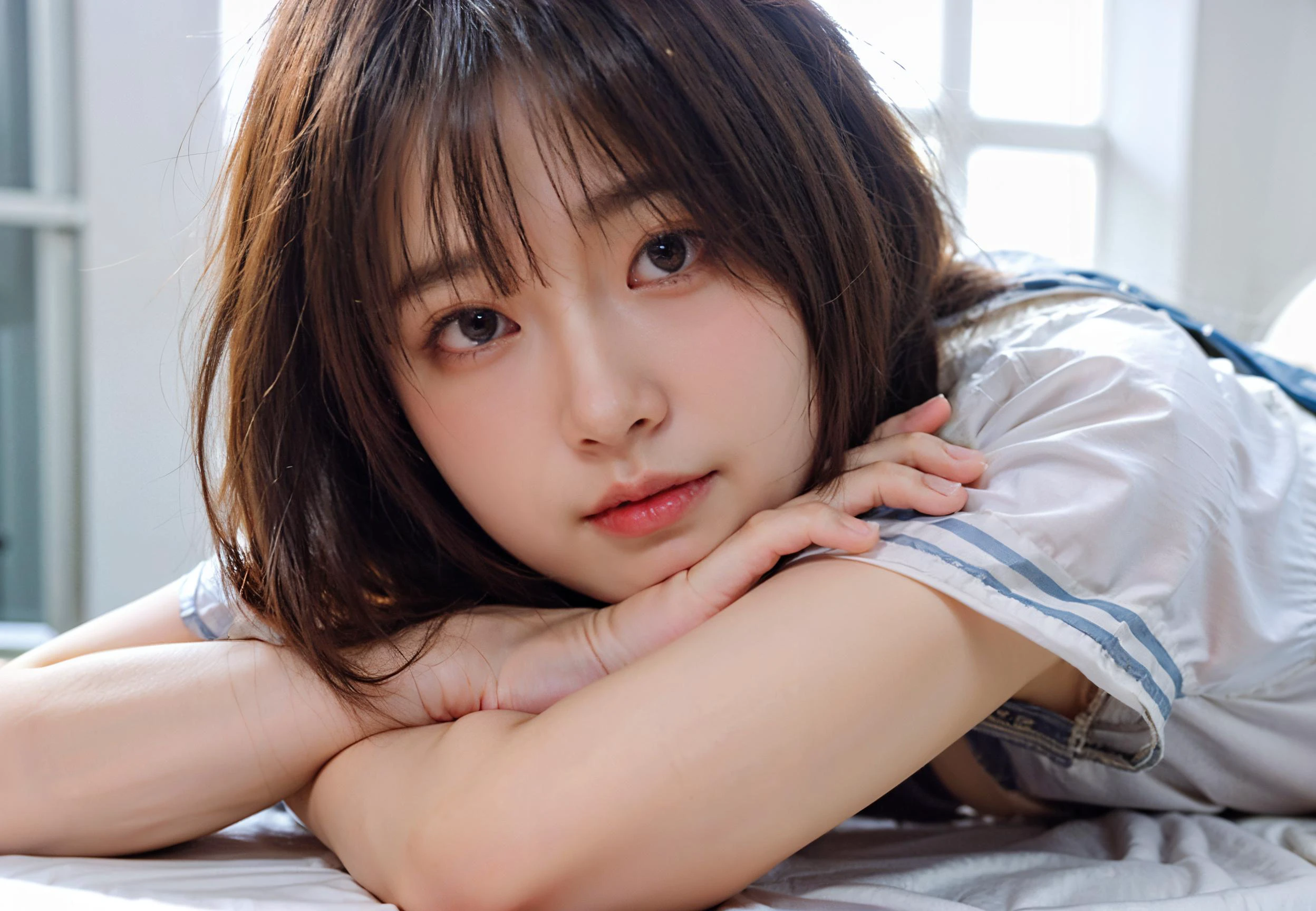 ((asian girl)),((lying on bed, white|blue shirt)), bright theme,(masterpiece),((ultra-detailed)), (highly detailed CG illustration),(expressionless), (best quality:1.2),(1girl:1.2),High quality texture, intricate details, detailed texture, High quality shadow, thin lips, brown eye pupil, depth of field, perspective,20s, (big eyes:1.2),blush,perfect body, lean body, (narrow waist:1.3), large breast, distinct_image, (lustrous skin), solo focus, (brown hair), (streaked hair), ((short hair)), <lora:add_detail:0.5>, <lora:GoodHands-vanilla:1>, <lora:detailed_notrigger:0.7>, <lora:picxer_real:0.7>, <lora:zyd232_ChineseGirl_v4_2:0.6>, <lora:010:0.4>