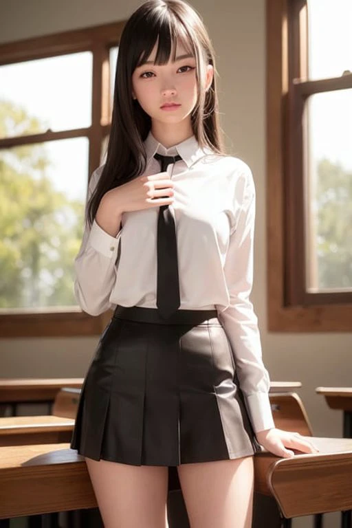 (extremely detailed CG unity 8k wallpaper), (masterpiece), (best quality), (ultra-detailed), (best illustration), (best shadow), (photorealistic:1.4),real human skin, lens flare, shade, backlighting, depth of field, natural lighting, hard focus, film grain, <lora:zyd232_ChineseGirl_v1.6:1.4>, ntsw, 1 girl, 18 yo, solo, skinny, school uniform, white shirt, black tie, black skirt, pale skin, soft lips, (light eyebrow:1.4), brown eyes, black very long straight hair, (small breasts), on table, in classroom, (from behind,implied,doggystyle)