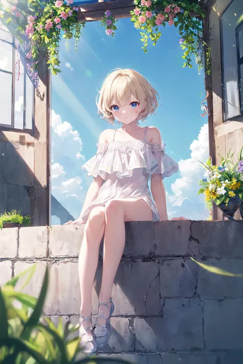 (kawaii background:1.3),(extremely detailed fine touch:1.3),(hard light, studio light, light rays, dappled light, reflection, shadows, ray tracing:1),///,girl,white blonde short hair,full body,sky,cloud,flower,glass shoes,(clover:1.3),(sitting;:1.3),