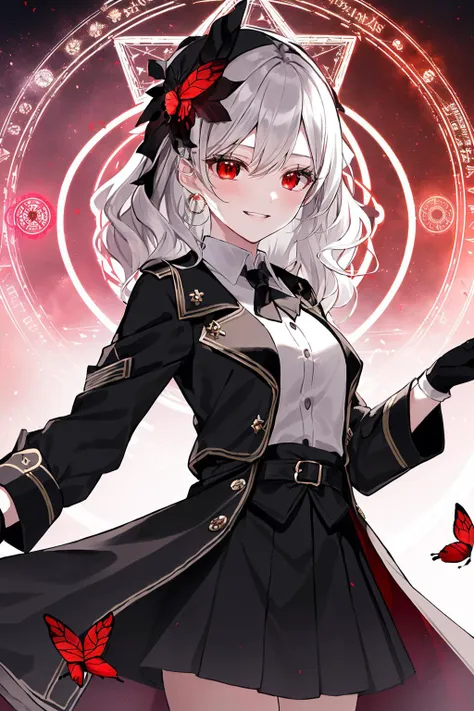 masterpiece, (best quality:1.1), (1girl), solo, cowboy shot, (illustration:1.1), field of depth, (extremely fine and beautiful:1.1), (black trench coat + beautiful detailed black vest + white shirt:1.1 + black tie + black skirt + black flower on head + black gloves), (white_hair + medium_hair + wavy_hair), (red eyes:1.1),small_medium breasts, eyelashes, , pale skin, evil smile, beautiful detailed fallen small city + detailed ruin, many object, beautiful and clear background:1.2, renegade, evil, ((Red butterflies flying|around the character:1.3 + red light particles:1.15), ((perfect magic circle:1.3)), many object