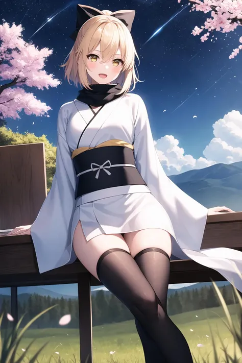 1girl, okita souji \(koha-ace\), okita souji \(fate\), solo , japanese clothes  , short kimono, kimono, blonde hair, thighhighs, katana, hair bow, scarf, white kimono, yellow eyes, open mouth, arm guards, ahoge, sash, black scarf, looking at viewer, black bow , obi, haori  , short hair, petals, bangs, wide sleeves, shinsengumi, black thighhighs, cherry blossoms, ponytail, hair between eyes ,sky, scenery, star (sky), outdoors, starry sky, grass, chair, blurry foreground, cloud, plant, night, blurry, night sky, depth of field, dutch angle, overgrown, desk, ruins