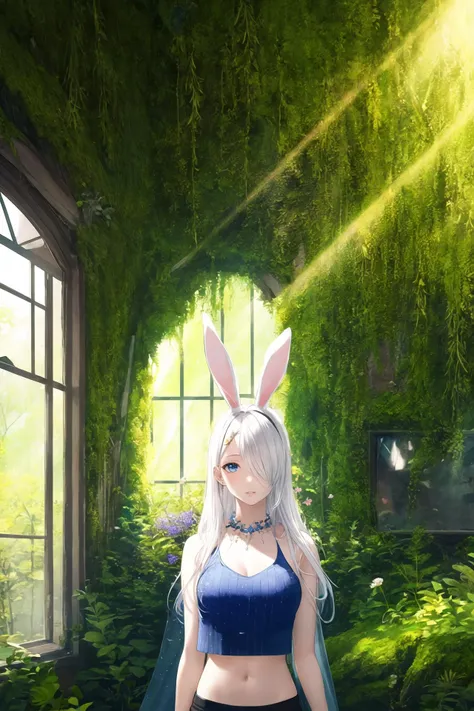 1girl, animal ears, solo, blue eyes, hair over one eye, long hair, rabbit ears, white hair, hair ornament, upper body, breasts, looking at viewer, parted lips, medium breasts, crop top, blue nails, shirt, flower, bare shoulders, shawl, jewelry ,scenery, overgrown, moss, sunlight, ruins, plant, grass, nature, day, water, tree, outdoors, train interior, window, vines, light rays, indoors, artist name , <lora:ç»ä¸½çåå½±:0.2>,<lora:add_detail:0.35>, <lora:adaptedmodel:0.35>