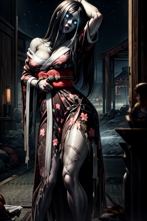 Hisako, grey skin, long hair, white pupils, scars, glowing eyes, black sclera,
red kimono with floral print, off shoulder, torn clothes, serious, cleavage,
looking at viewer, standing,
(insanely detailed, beautiful detailed face, masterpiece, best quality) cinematic lighting, solo <lora:Hisako-11KIv9:1> <lora:epi_noiseoffset2:1>
BREAK
outdoors, japanese ghost village, night sky, raytracing <lora:add_detail:1>