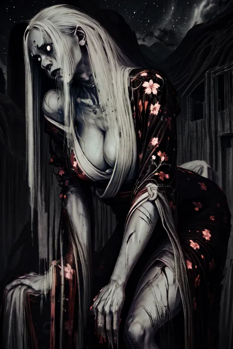 Hisako, grey skin, long hair, white pupils, scars, glowing eyes, black sclera,
red kimono with floral print, off shoulder, torn clothes, serious, cleavage,
looking at viewer, standing,
(insanely detailed, beautiful detailed face, masterpiece, best quality) cinematic lighting, solo <lora:Hisako-11KIv9:1> <lora:epi_noiseoffset2:1>
BREAK
outdoors, japanese ghost village, night sky, raytracing <lora:add_detail:1>
BREAK
<lora:vergvoktre_finetuned:1> by vergvoktre, dramatic, gritty, nightmare, intricate details, hyperdetailed, cinematic, dark shot, film grainy, soothing tones, muted colors, technicolor