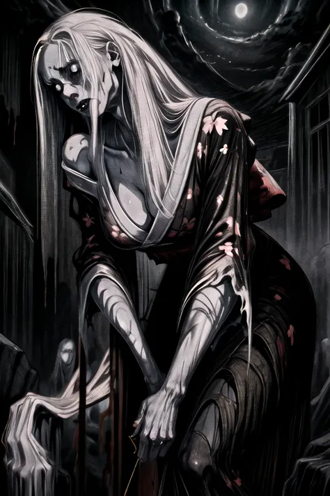 Hisako, grey skin, long hair, white pupils, scars, glowing eyes, black sclera,
red kimono with floral print, off shoulder, torn clothes, serious, cleavage,
looking at viewer, standing,
(insanely detailed, beautiful detailed face, masterpiece, best quality) cinematic lighting, solo <lora:Hisako-11KIv9:1> <lora:epi_noiseoffset2:1>
BREAK
outdoors, japanese ghost village, night sky, raytracing <lora:add_detail:1>
BREAK
<lora:vergvoktre_finetuned:1> by vergvoktre, dramatic, gritty, nightmare, intricate details, hyperdetailed, cinematic, dark shot, film grainy, soothing tones, muted colors, technicolor