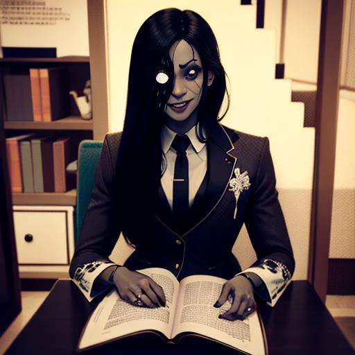 Hisako, grey skin,long hair, hair over one eye, black sclera, white pupils, looking at viewer, crazy smile, giving thumbs up.
suit and tie, sitting down, reading a book, sleeves,
(insanely detailed, beautiful detailed face, masterpiece, best quality)
<lora:Hisako-02:1>