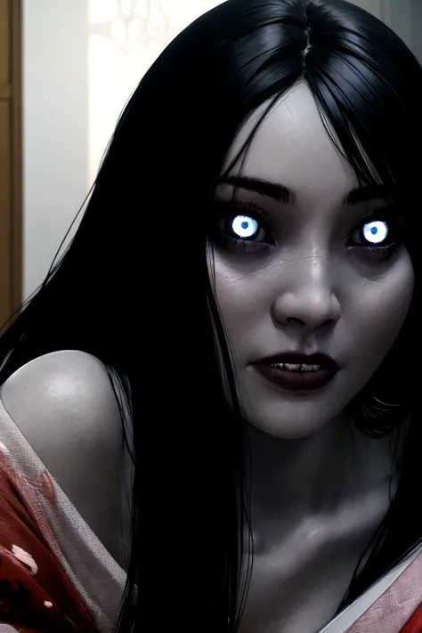 Hisako, sharp teeth, black hair, long hair, japanese clothes, colored skin <lora:Hisako-11KIv9:0.8>, glowing_eyes,, beautiful, (masterpiece:1.2), (best quality:1.2), perfect eyes, perfect face