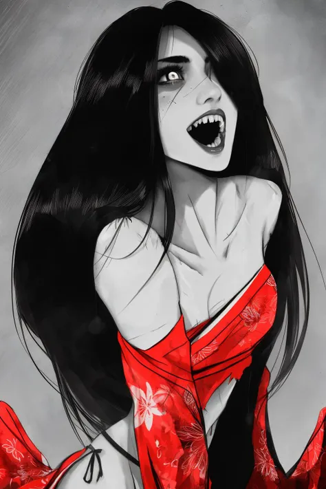 21 yo woman, <lora:Hisako-11KIv9:0.8> Hisako, grey skin, black hair, - white eyes, or glowing eyes, long straight hair, teeth, open mouth, torn clothes, long hair, (insanely detailed, beautiful detailed face), hair over one eye, 
detailed eyes, , fit body, hetero, sexy, (mystical body scars), (narrow waist), navel, Japanese Red Lavish Kimono, (beautiful)
fantasy, magical, fit body, makeup, blush, eyeliner, long eyelashes, [perfect teeth], 
good hands, anatomical hands, (dynamic pose:1.1),
thighhighs, navel, 0001SRGoodPictureV3