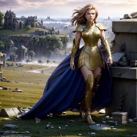 <lora:GeminiArmor:0.6>, GeminiArmor, masterpiece, best quality,  focus, Scarlett Johansson is wearing medieval armor and standing confidently in the midst of a battlefield. She looks strong, powerful and fearless, with a determined expression on her face. The armor glints in the sunlight, highlighting her toned and muscular physique. She is surrounded by the chaos and destruction of battle, with fallen soldiers and debris litter the ground around her. Despite the  and turmoil, Scarlett Johansson exudes a sense of calm and control, as if she is the master of her surroundings. The overall effect is majestic, awe-inspiring and powerful, with Scarlett Johansson appearing as a warrior queen, commanding the scene