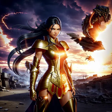 <lora:GeminiArmor:0.6>, GeminiArmor, masterpiece, best quality, focus, Adriana Lima is wearing medieval armor and standing confidently in the midst of a battlefield. She looks strong, powerful and fearless, with a determined expression on her face. The armor glints in the sunlight, highlighting her toned and muscular physique. She is surrounded by the chaos and destruction of battle, with fallen soldiers and debris litter the ground around her. Despite the violence and turmoil, Adriana Lima exudes a sense of calm and control, as if she is the master of her surroundings. The overall effect is majestic, awe-inspiring and powerful, with Adriana Lima appearing as a warrior queen, commanding the scene floating mountain