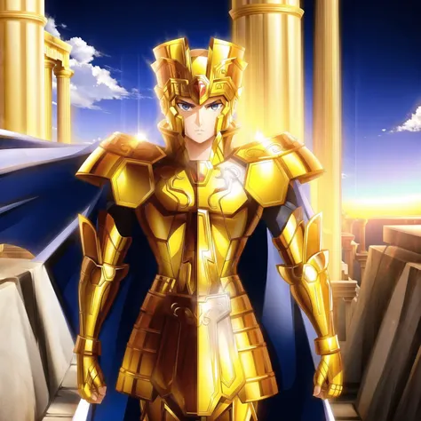 <lora:GeminiArmor:0.7>, GeminiArmor, gold armor, Henry Cavil as 1boy, armor, dramatic sky, looking at viewer, armor, closed mouth, upper body, serious, helmet, on greek temple bridge, anime, full-body. walking  towards the viewer, boots