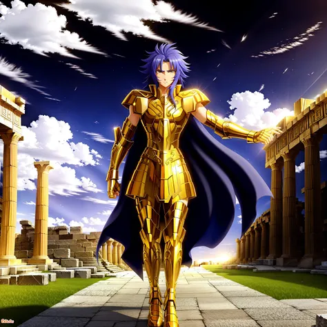 <lora:GeminiArmor:0.7>, GeminiArmor, gold armor, 1boy, armor, dramatic sky, looking at viewer, closed mouth, upper body, serious, on greek temple ruins, anime, full-body. running towards the viewer, boots