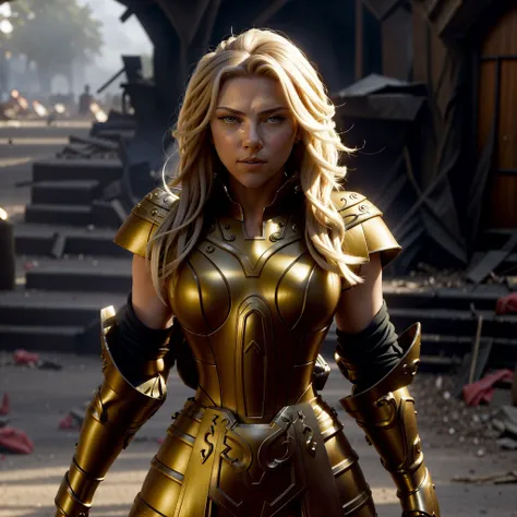 <lora:GeminiArmor:0.6>, GeminiArmor, masterpiece, best quality, focus, Scarlett Johansson is wearing medieval armor and standing confidently in the midst of a battlefield. She looks strong, powerful and fearless, with a determined expression on her face. The armor glints in the sunlight, highlighting her toned and muscular physique. She is surrounded by the chaos and destruction of battle, with fallen soldiers and debris litter the ground around her. Despite the violence and turmoil, Scarlett Johansson exudes a sense of calm and control, as if she is the master of her surroundings. The overall effect is majestic, awe-inspiring and powerful, with Scarlett Johansson appearing as a warrior queen, commanding the scene