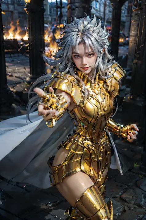 masterpiece,best quality,Hyperdetailed:1,8K,realistic,Photorealistic,ultra-detailed,best shadow,Depth of field,Hyperrealistic,1girl,solo,Red eyes,A wicked smile,Armor,Golden Armor,<lora:geminiarmor.jex2:0.7:CLOTHING:1,1,1,1,1,0,0.2,0,0.8,1,1,0.2,0,0,0,0,0>,GeminiArmor,Golden Boot,long hair:1,(Silver hair:1.3),Big Wave Curly Hair,upper body,(Sexy figure:1),(Exposed thighs:1.7),(looking at viewer:1.5),(Black triangle underwear:1.2),outdoor,(Greek stone pillars:1.3),(White Cloak:1.2),mature female,Confident posture,(Right hand emits blue flames:1.3), <lora:BeautyNwsjMajic2:0.7>