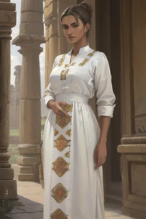 masterpiece, best quality, (realistic oil painting:1.2) of a British woman wearing a white kemis with  Coyote brown colored designs on it at the Ancient City of Polonnaruwa <lora:habeshaq:.7>