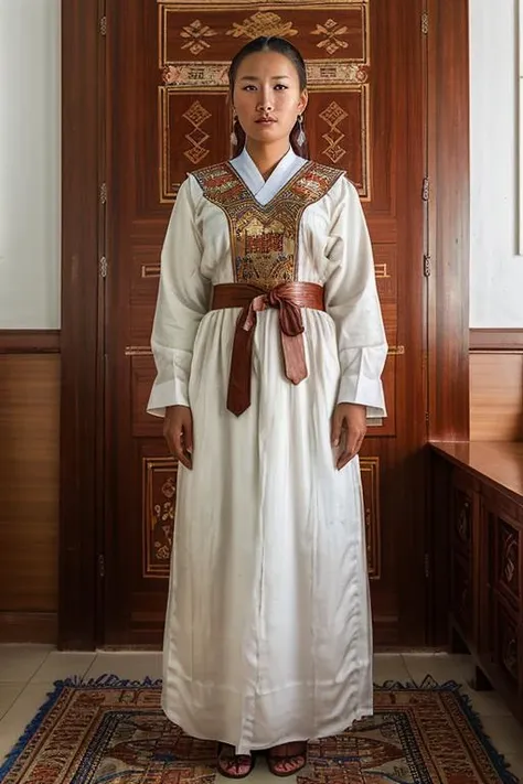 masterpiece, best quality, photo of a Mongolian woman wearing a white and Mahogany colored kemis  in San Pedro de la Roca Castle, Santiago de Cuba <lora:detail_slider_v4:1> <lora:epiCRealismHelper:1><lora:habeshaq:.7>