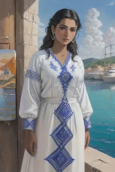 masterpiece, best quality, (realistic oil painting:1.2) of a Jordanian woman wearing a white kemis with  Electric indigo colored designs on it at the Antigua Naval Dockyard and Related Archaeological Sites <lora:habeshaq:.7>