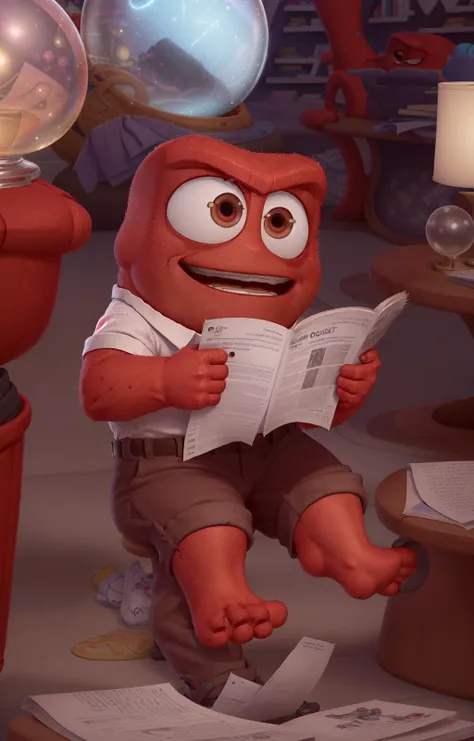 masterpiece, best quality, (( Anger_InsideOut:1.1), (very little leg :1.5), (very short boy), (solo), red skin, white shirt, brown pants, tie, solo, happy, reading a journal), glowing glass sphere in the background, pixar, cartoon, 3d, render, sfw, <lora:Anger_InsideOutv1:0.8>