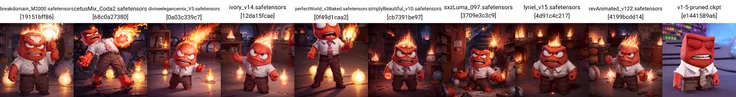 masterpiece, best quality, ((Anger_InsideOut:1.3), (very short legs:1.5), very short boy, flat head, solo, red skin, white shirt, brown pants, tie, solo, furious, fire_hair ), glowing glass sphere in the back ground, pixar, cartoon, 3d, render, sfw, <lora:Anger_InsideOutv1:0.7>