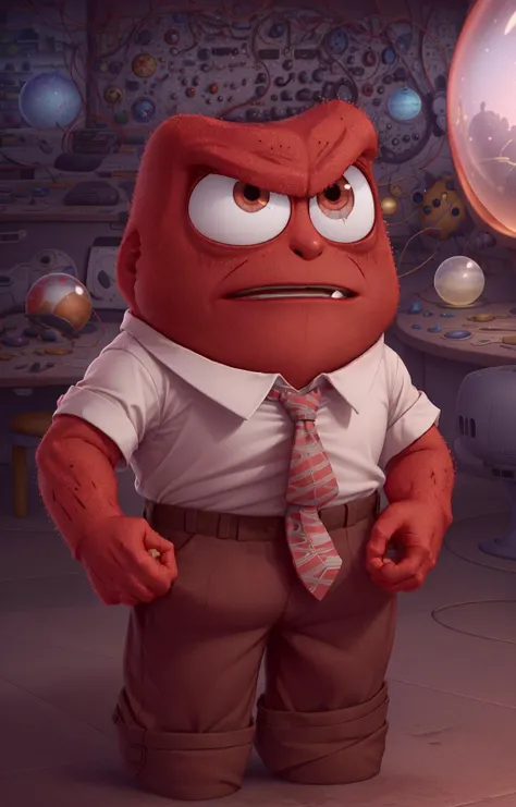 masterpiece, best quality, (( Anger_InsideOut), (solo), red skin, white shirt, brown pants, tie, solo, intricate iris, (interested : 1.2)), glowing glass sphere in the background, pixar, cartoon, 3d, render, sfw, <lora:Anger_InsideOutv1:0.8>