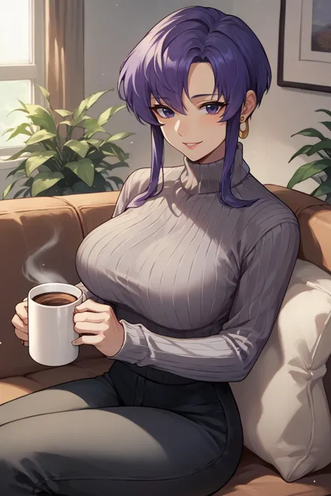 score_9, score_8_up, score_7_up, score_6_up, source_anime BREAK 1girl, solo <lora:feursula-pdxl-nvwls-v1-000005:1> defUrsula, purple hair, purple eyes, earrings, big breasts, grey sweater, ribbed sweater, black pants, sitting, couch, holding coffee mug, smile