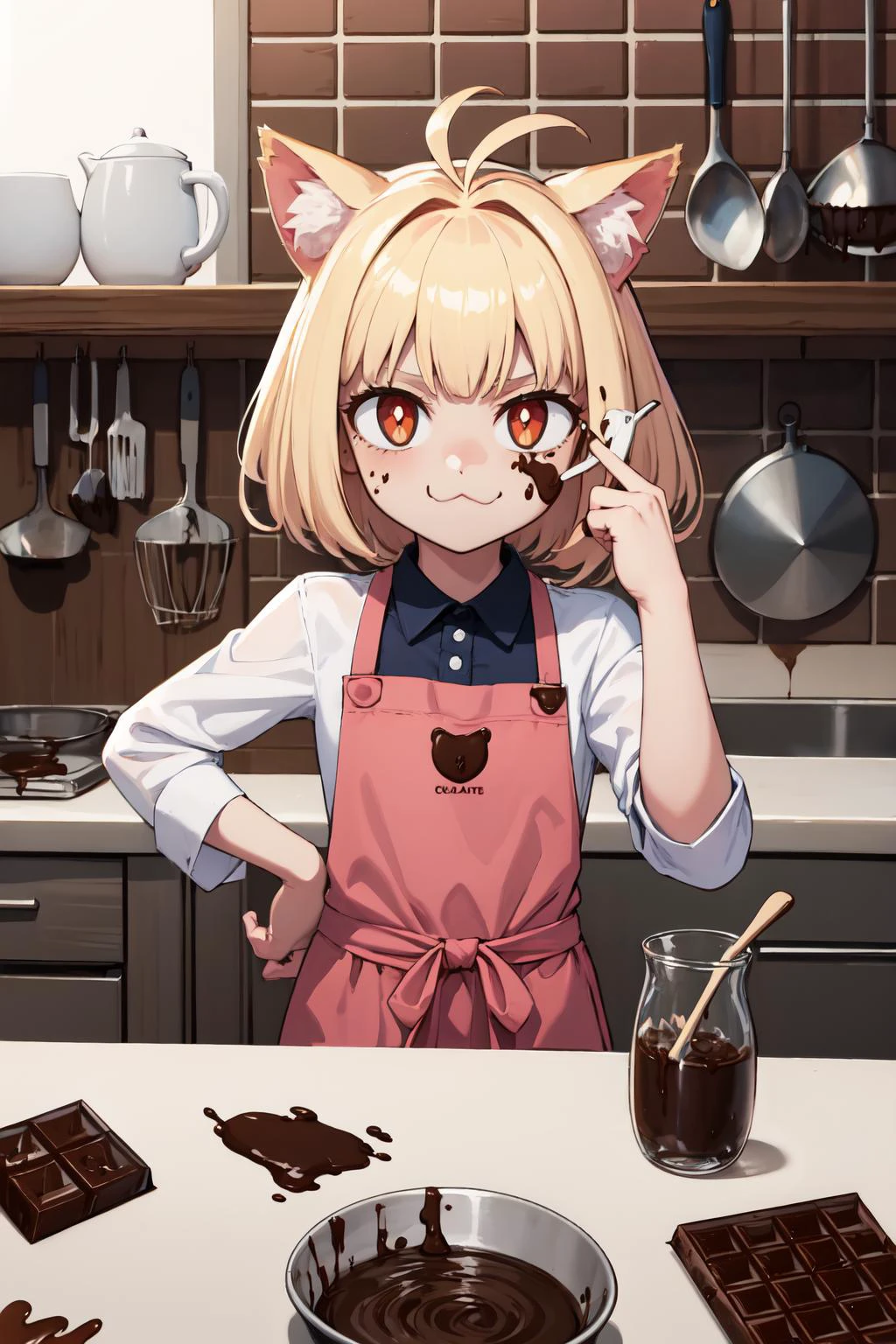 (masterpiece,best quality,absurdres),IncrsChocoMaker,necoarc,animal ears, cat ears, blonde hair, slit pupils, :3, bangs, chibi:1.3, antenna hair, short hair, cat girl, apron, food on face, kitchen, (chocolate on body:1.3),whisk <lora:ChocolateMaking:1> <lora:necoarc:0.8>