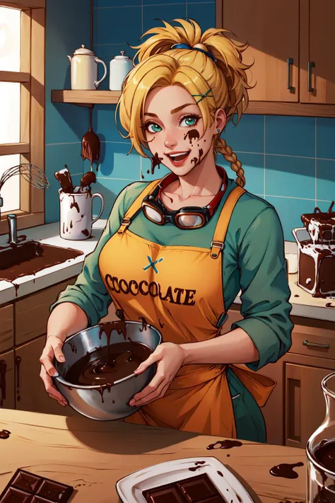 (masterpiece,best quality,absurdres,beautiful,aesthetic,detailed),IncrsChocoMaker,1girl,RikkuX,blonde, x hair ornament, goggles around neck,happy,:D, apron, food on face, kitchen, (chocolate on body:1.3),whisk <lora:ChocolateMaking:1> <lora:RikkuV3:0.8>
